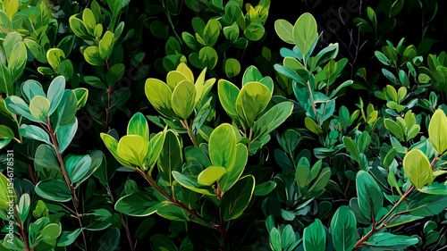 Lush green foliage artistic illustration capturing vibrant leaves and natural texture