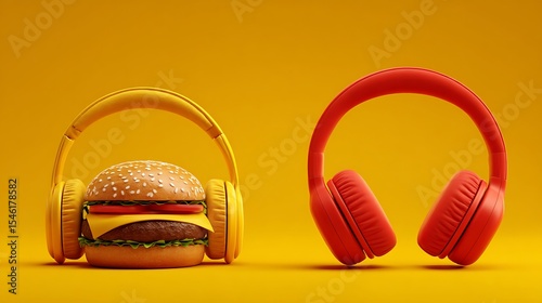 Headset and hamburger on a background, advertising concept, digital illustration