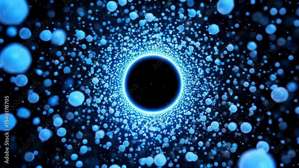 a black hole surrounded by blue bubbles in the dark
