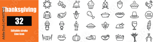 32 Thanksgiving editable line icon set, holiday collection, vector illustration, thanksgiving day icons, celebration signs linear pictograms on transparent background
