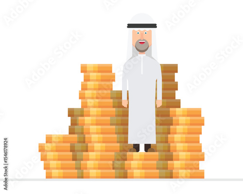 A man dressed in traditional Arab clothing stands confidently on a tall stack of gold coins, symbolizing wealth, prosperity, and success in finance and investment.