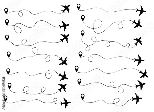 The image depicts a travel concept with airplane flight paths represented by dotted lines connecting location pins and airplanes, all set against a white background.