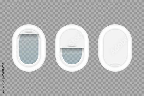 Three airplane windows are shown against a transparent backdrop. The shades are in different positions; open, partially closed, and fully closed, offering different views.