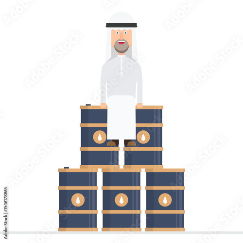A stylized illustration of a person in traditional attire standing on a stack of petroleum containers, symbolizing the control of crude oil reserves.