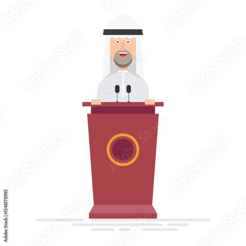 An illustration depicts a man in traditional Arab clothing speaking from a podium with microphones. The scene is minimalist with a focus on the speaker and his attire.