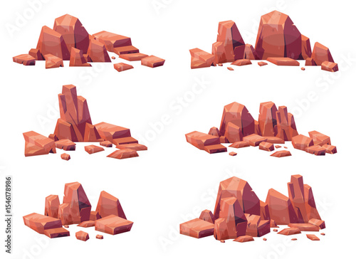 Illustration showcasing six distinct cartoon stone formations. Each arrangement features jagged rocks and smaller pebbles, designed for use in landscapes. Isolated on white.