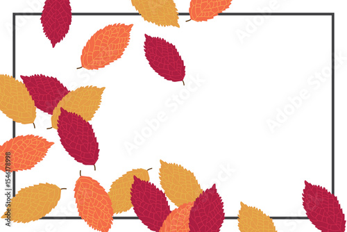 An array of red, orange, and yellow autumn leaves elegantly frame a blank white space, bordered by a clean black outline, evoking a sense of seasonal change.