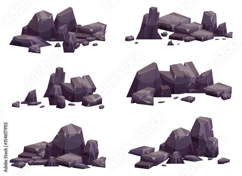 A collection of cartoon rocks and stones.  Various sizes and shapes, suitable for decorative elements within a landscape or natural environment. The rocks are gray.