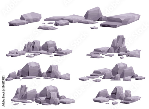 The image shows cartoonish rock formations in grey hues, arranged in varying sizes and shapes against a plain white backdrop. The style is reminiscent of digital artwork.