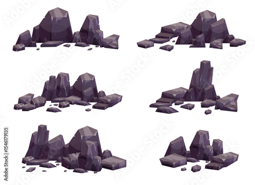 A collection of cartoon illustrations depicting various arrangements and forms of gray rocks and stones. They are displayed on a plain white background. Each rock has slightly different features.