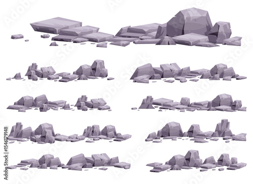 A collection of stone formations of various sizes and arrangements. Light gray with angular shapes, they are isolated on a white background. Suitable for game environments.