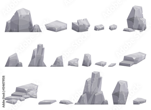 A diverse collection of digitally rendered grey stones varying in shapes and sizes, arranged against a clean white background. Represents a variety of rock formations.