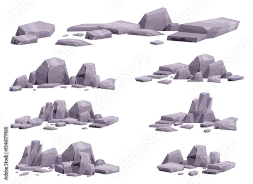 An artistic rendition of various rock formations, perfect for use in game design. Each rock group is unique in its shape and arrangement on white background.