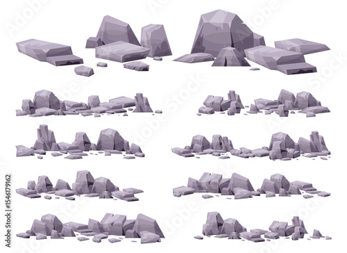 This image shows a collection of stylized, gray rocks and stone formations, suitable for use in digital environments such as games or virtual landscapes.
