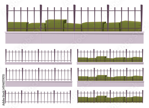 An illustration showing varied fence designs set against solid backgrounds, with diverse garden shrubbery integrated into the fence line structures for privacy and aesthetics.