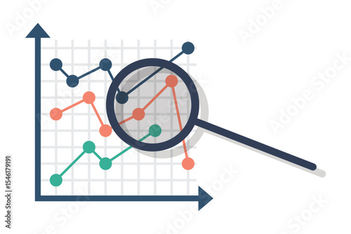 An image showcasing data analysis through line charts and graphs. A magnifying glass focuses on the grid, emphasizing a detailed analytical approach to the graphical data.