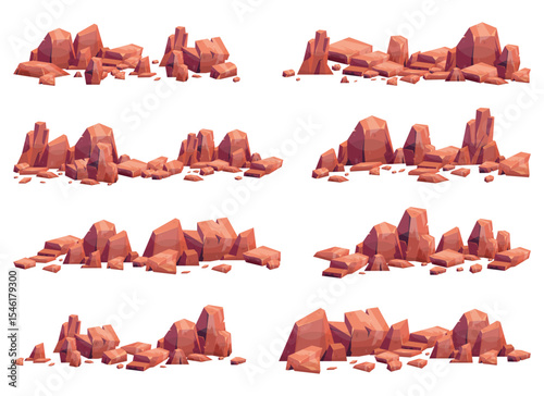 A cartoonish set of ground rock formations.  The rocks come in various formations with desert or canyon landscape theme.  They are various sizes and shapes with orange coloring.