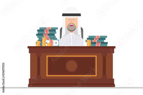 Illustration of a wealthy Arab man sitting behind a large desk with stacks of cash and gold coins on it. The flat design evokes themes of wealth, economy, and finance.
