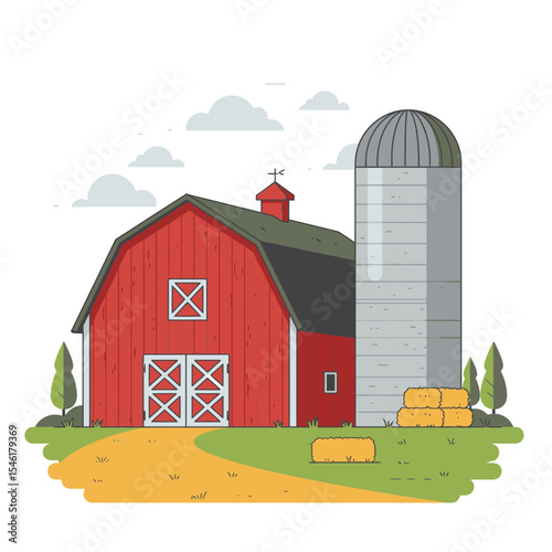 Red Barn building on white background vector illustration. Farm and agricultural asset. Farmhouse rural architecture.