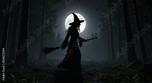 Silhouette of a witch flying on a broom in a dark forest at night under a full moon magic scary trees