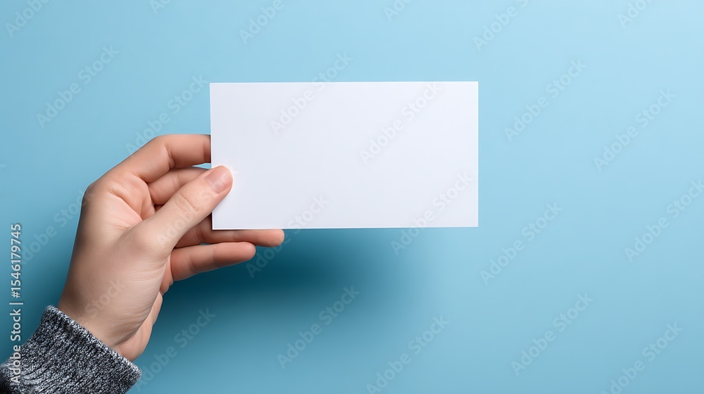 Fototapeta premium Hand holding a white blank sign on a light blue background, a concept of political protest or picket .