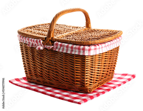 Woven picnic basket with lid and checker cloth.