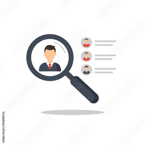 Vector illustration of reviewing employee questionnaires when hiring. Cartoon scene of employer reviewing resume, hand holding magnifying glass isolated on white background. Search for job candidates.