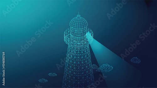 Undersea Lighthouse Digital Illustration of a Wireframe Tower