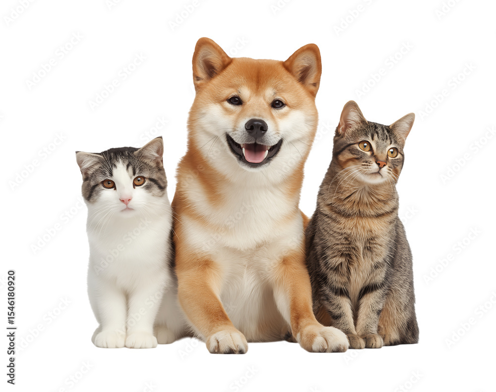 Fototapeta premium Cute Friendship between cats and dogs, A dog and two cats, cute pet animals sitting together isolated on a transparent background