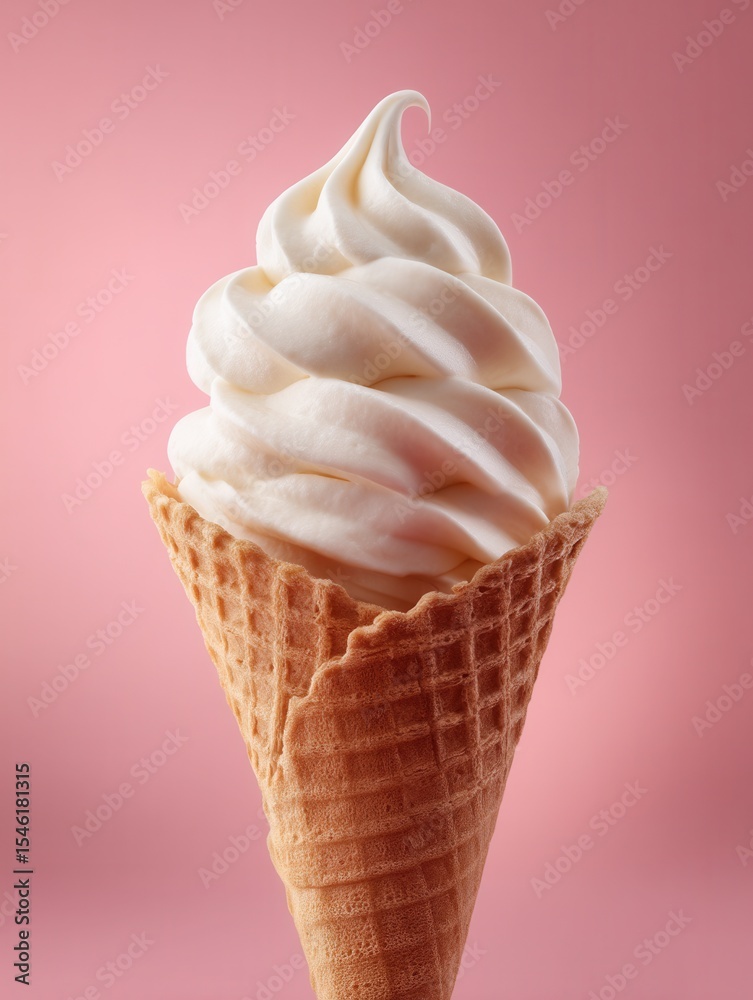 Soft Serve Ice Cream Swirling in a Waffle Cone on Pink Background Soft Serve Ice Cream Swirling in a Waffle Cone on Pink Background