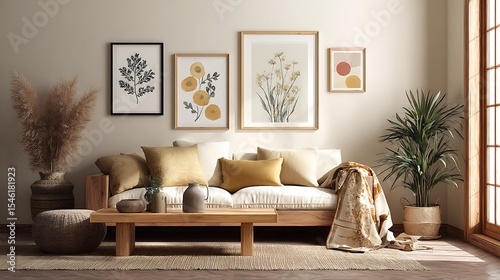 Mockup of a gallery wall in a living room decorated in a scandi boho manner