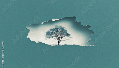 Abstract Winter Landscape with Tree in Paper Cutout Style