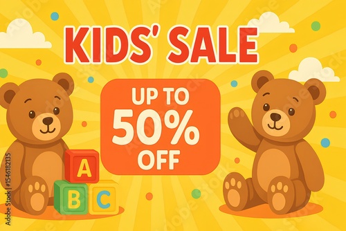 Kids’ sale, banner with teddy bears and blocks, bright and cheerful design, up to 50 off