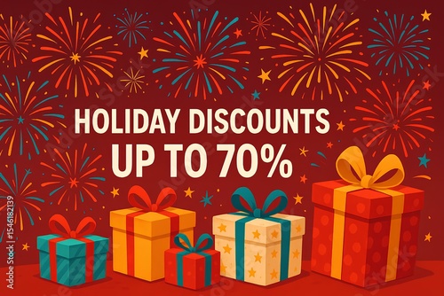 Holiday sale banner, fireworks, gift boxes, text Holiday Discounts Up to 70, festive vibe
