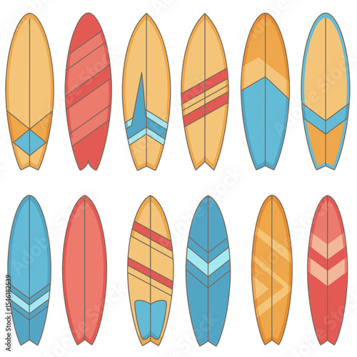 Colorful collection of surfboards. Vector illustration. Vector illustration for badge, logo, print, badge, card, cover, bag, case, invitation, emblem, label
