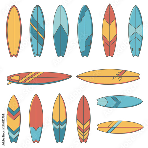Colorful collection of surfboards. Vector illustration. Vector illustration for badge, logo, print, badge, card, cover, bag, case, invitation, emblem, label