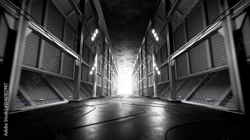 Spaceship tunnel. Futuristic podium. Garage. Hangar. Showroom. Sci-fi tunnel, journey into empty white space - suitable for countdown background. Seamless animation. Futuristic technology tunnel.