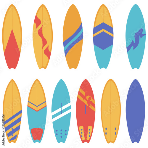 Colorful collection of surfboards. Vector illustration. Vector illustration for badge, logo, print, badge, card, cover, bag, case, invitation, emblem, label