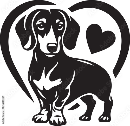 This adorable "Dachshund Heart" illustration features a charming dachshund dog set against a backdrop of a heart shape, with an additional small heart. This sweet and endearing design perfectly captur