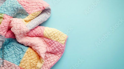 Colorful patchwork quilt draped on a light blue surface.