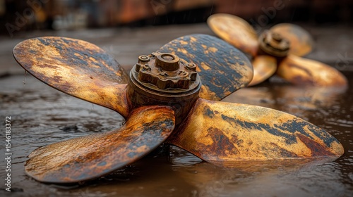 Close-up of aged bronze propellers on a wet surface.