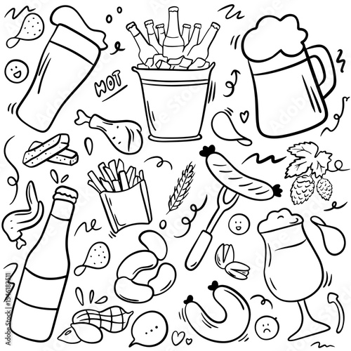 Beer set, beer, sausages, chips, French fries in doodle style