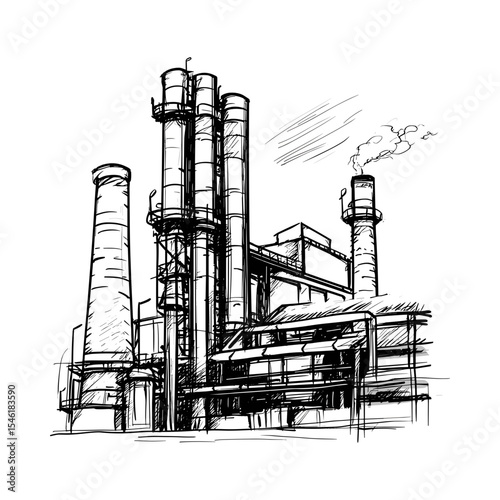 Industrial factory sketch with smokestacks and detailed structure  