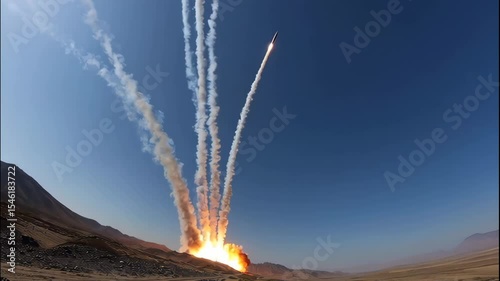 Missiles launching into the clear blue sky from a desert landscape view