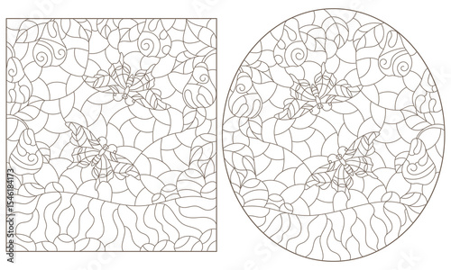 A set of contour illustrations in the style of stained glass with pear branches and butterflies on a meadow background dark outlines on a white background