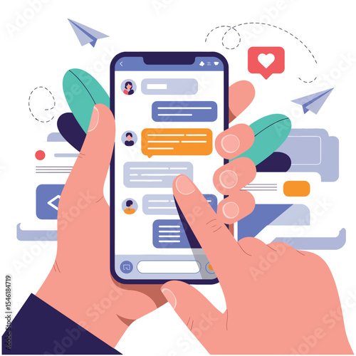 Engaging Mobile Messaging Concept Hands Holding Phone with Chat Interface and Creative Visual Elements for Modern Communication