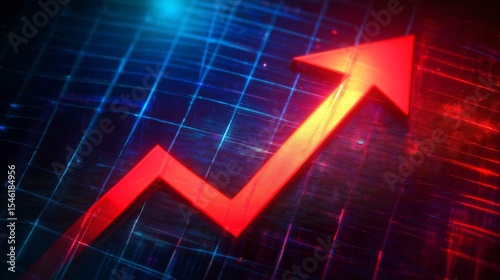 Dynamic upward-trending red arrow with glowing yellow center, symbolizing growth and progress, set against a dark digital grid background with blue and purple lines, conveying movement and optimism.