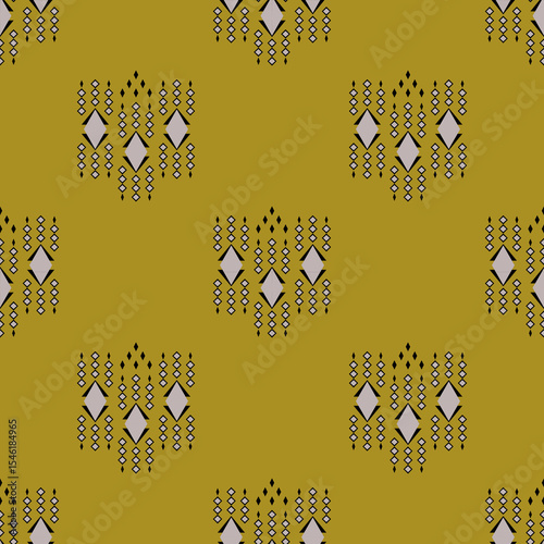 Ethnic pattern of abstract diamond shape in black and pink on yellow tone background. Seamless motifs geometric vector. Concept of vintage, classic, native for textiles, texture, wallpaper, decor.
