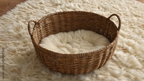 Cozy Woven Basket on Soft White Faux Fur Rug in Rustic Decor Style, A handcrafted wicker basket resting atop a fluffy white faux fur rug, offering warmth and a rustic yet elegant ambiance.