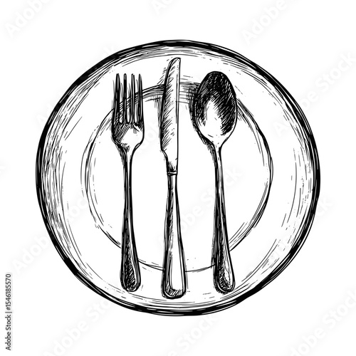 Plate with cutlery including fork, knife, and spoon in sketch style  